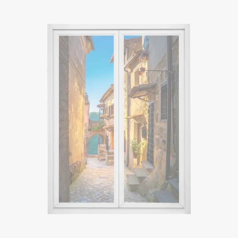 Window decal sunlit street in Tuscany