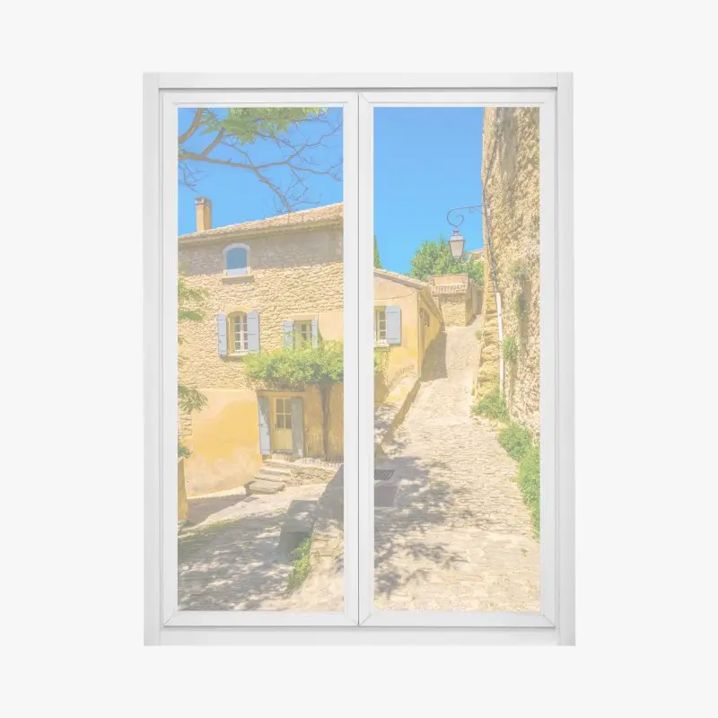 Window decal sunlit stone village street
