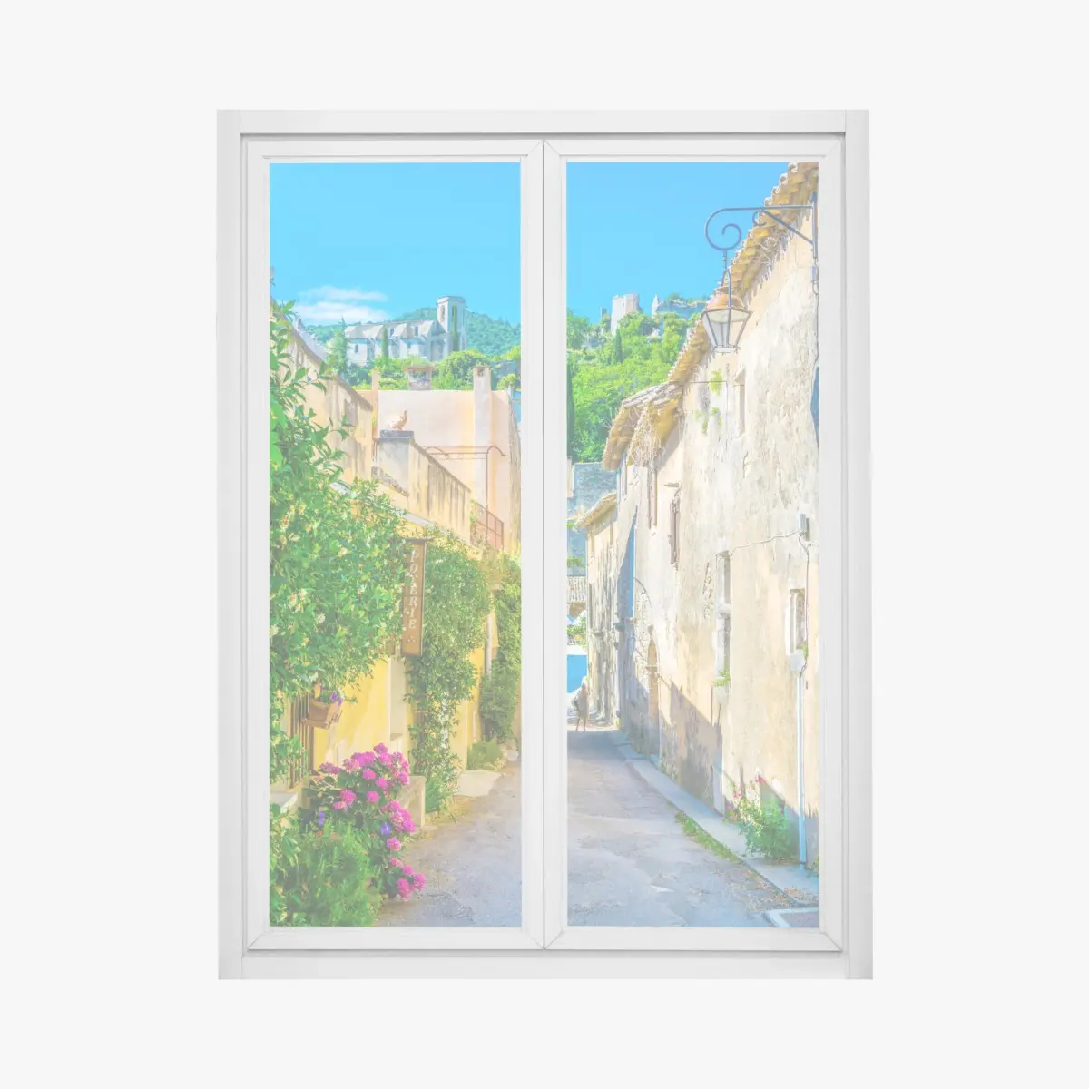 Window decal sunlit Mediterranean village street • Wallissimo® Window decal sunlit Mediterranean village street • Wallissimo®