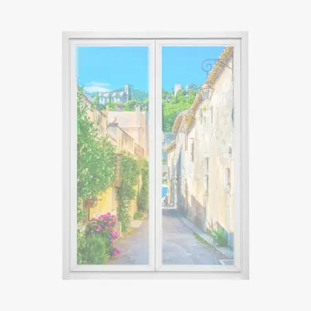 Window decal sunlit Mediterranean village street • Wallissimo®
