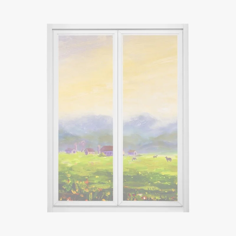 Window decal dawn over a summer meadow