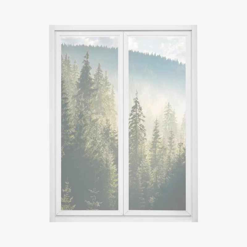 Window decal misty spruce forest in morning light