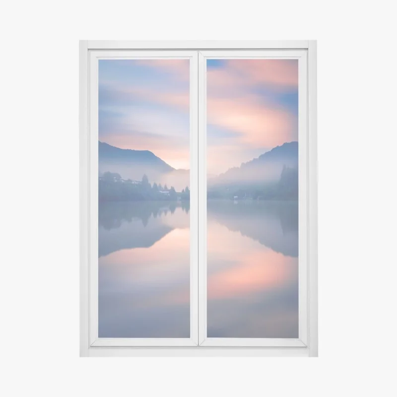 Window decal misty mountain lake at dawn