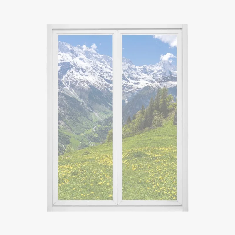 Window decal alpine spring meadow under snowy peaks