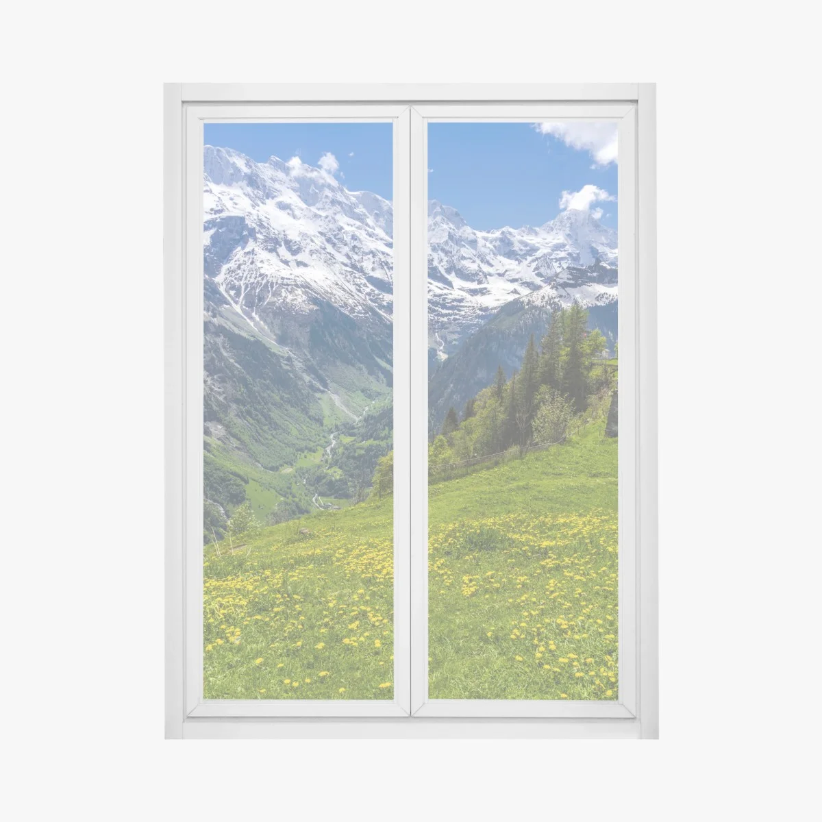 Window decal alpine spring meadow under snowy peaks • Wallissimo® Window decal alpine spring meadow under snowy peaks • Wallissimo®