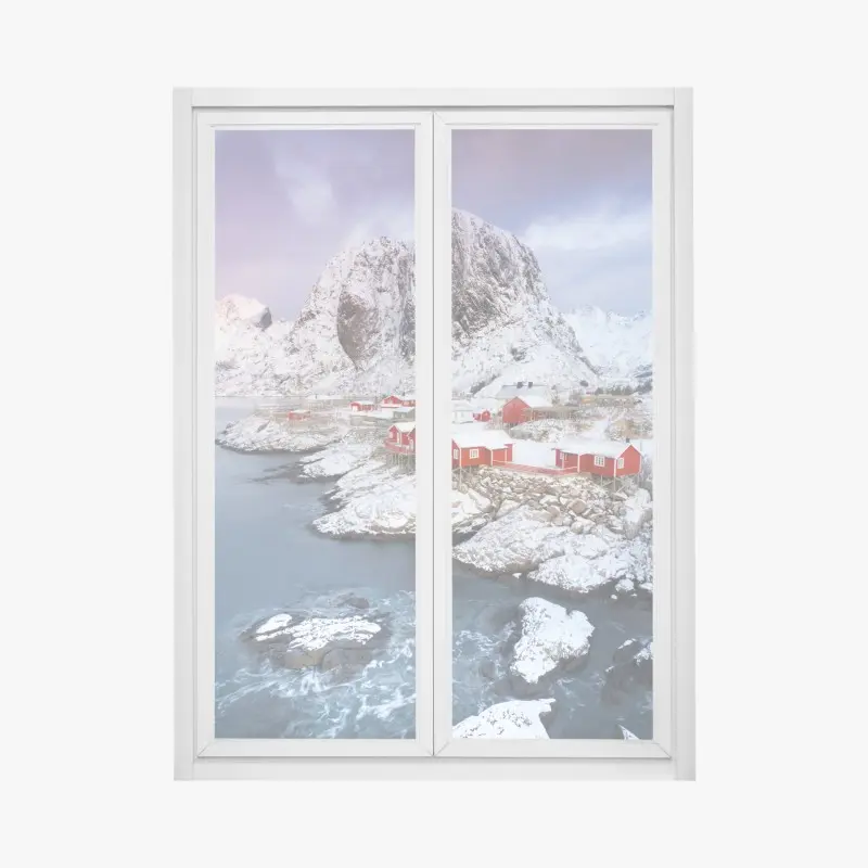 Window decal red coastal cabins beneath snowy mountain