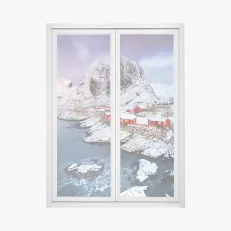 Window decal red coastal cabins beneath snowy mountain • Wallissimo®