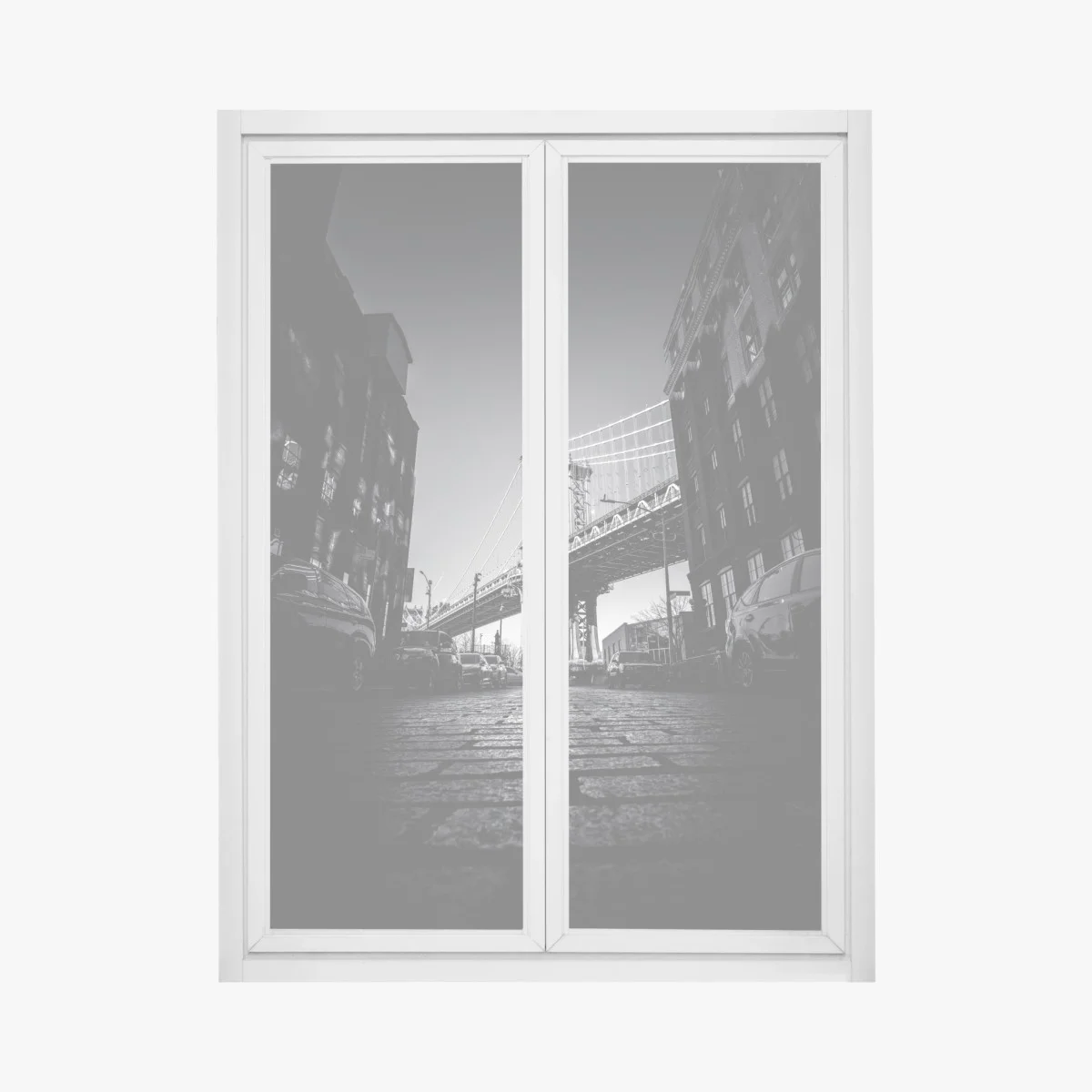 Window decal Manhattan bridge perspective over cobblestone street • Wallissimo® Window decal Manhattan bridge perspective over cobblestone street • Wallissimo®