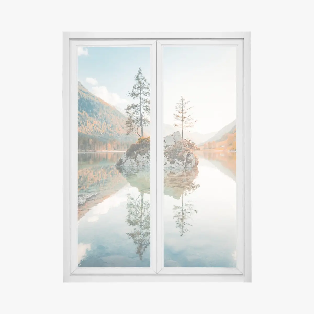 Window decal sunlit rock island at Lake Hintersee • Wallissimo® Window decal sunlit rock island at Lake Hintersee • Wallissimo®