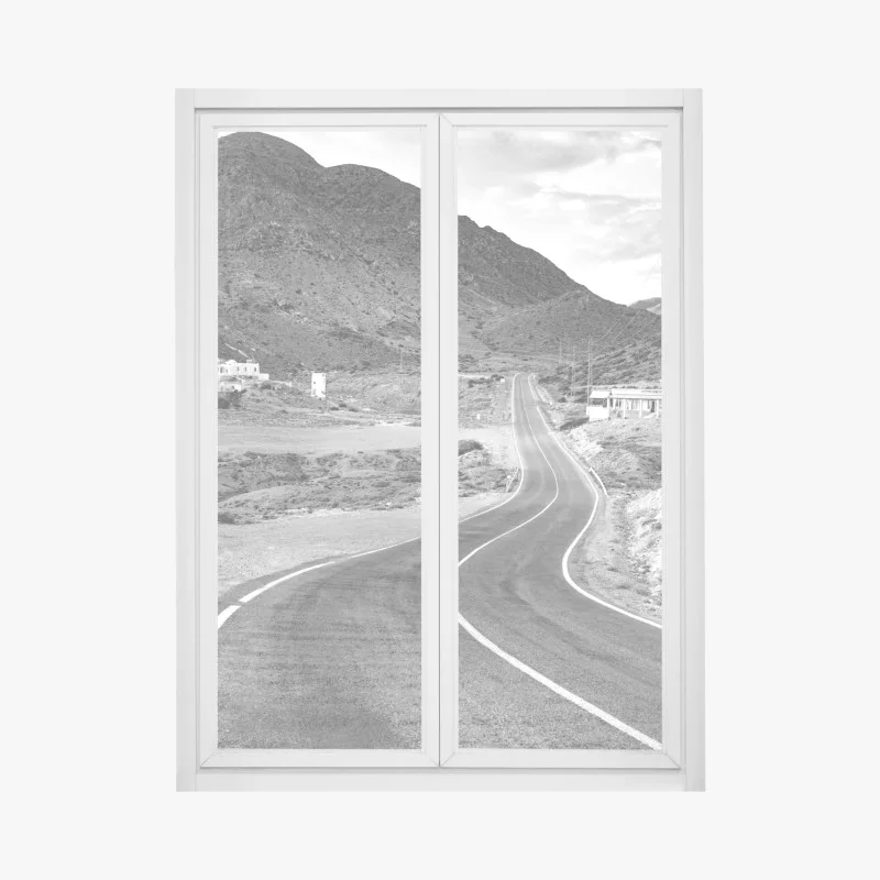 Window decal winding road through mountains