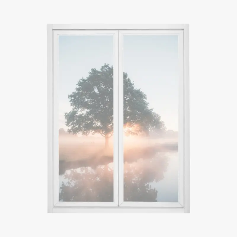 Window decal misty sunrise by the oak tree