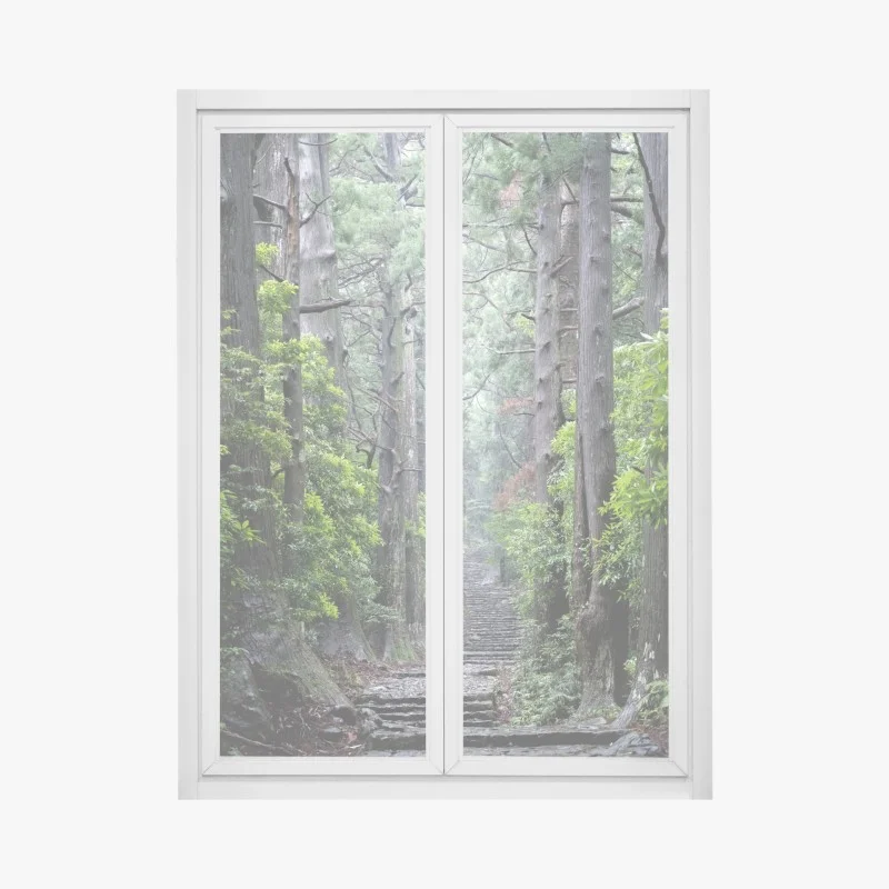 Window decal misty forest path through ancient trees