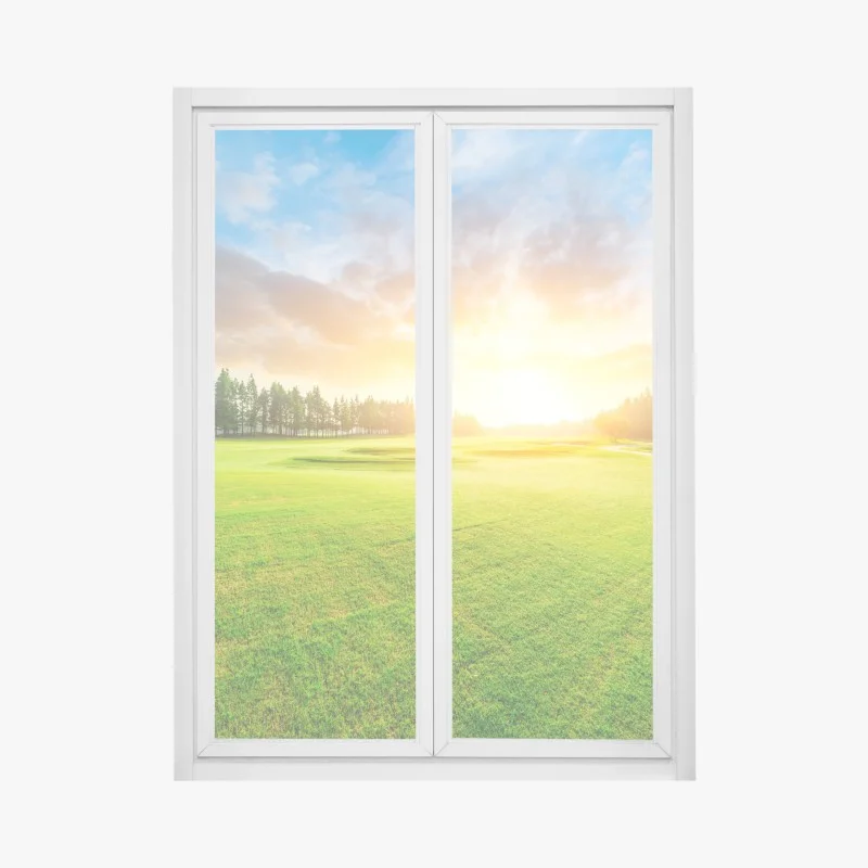 Window decal sunlit meadow and forest at sunrise