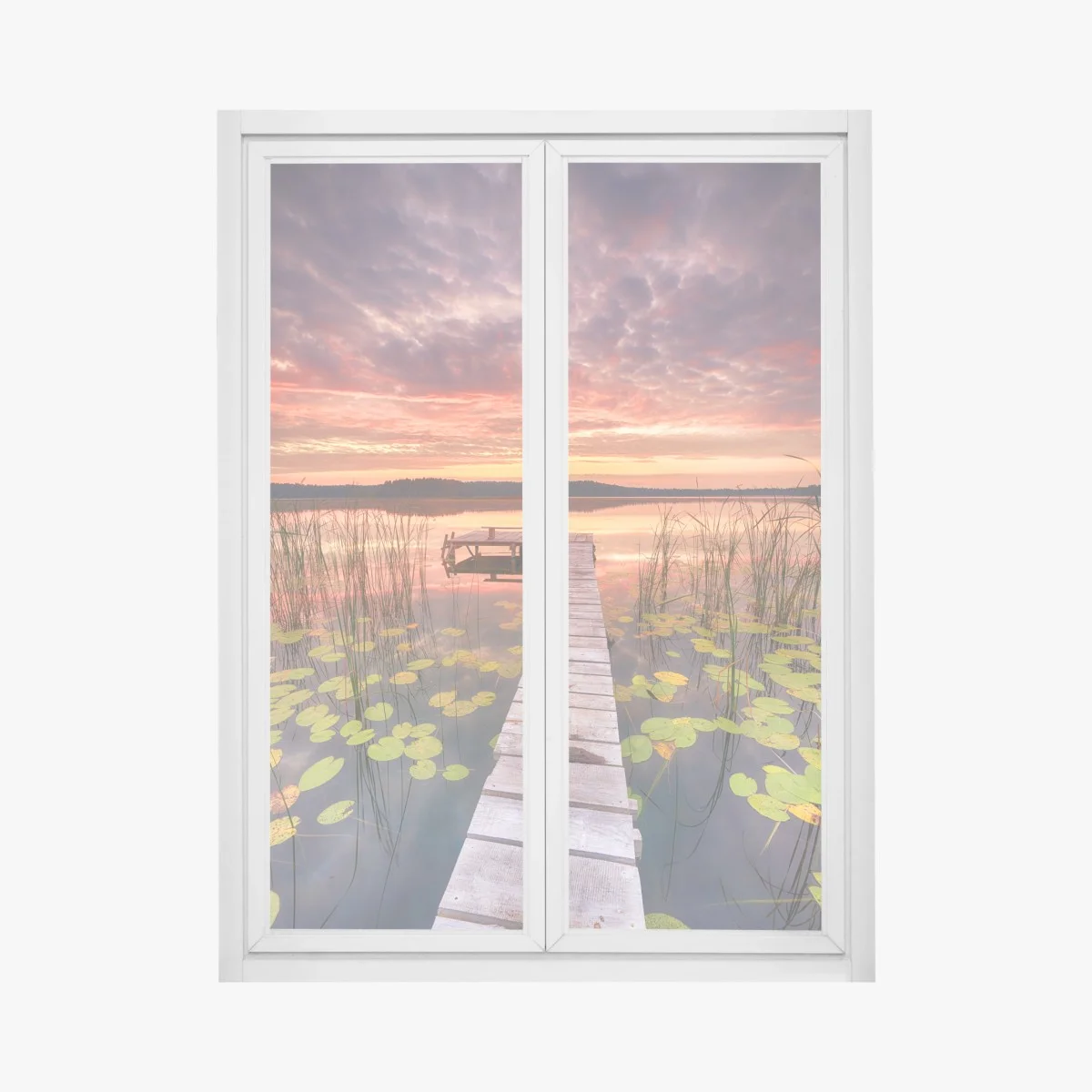 Window decal sunrise over a tranquil lake pier • Wallissimo® Window decal sunrise over a tranquil lake pier • Wallissimo®