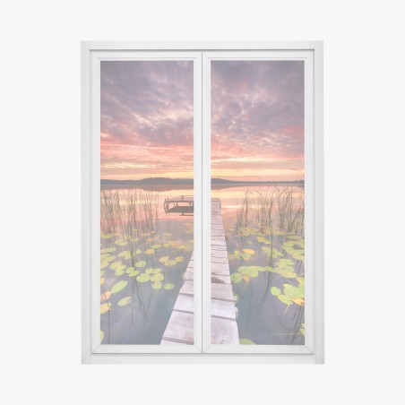 Window decal sunrise over a tranquil lake pier • Wallissimo®