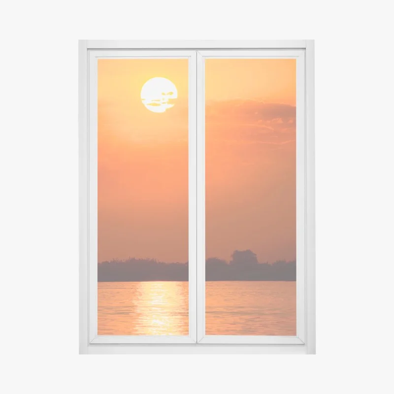 Window decal golden sunset over tranquil lake