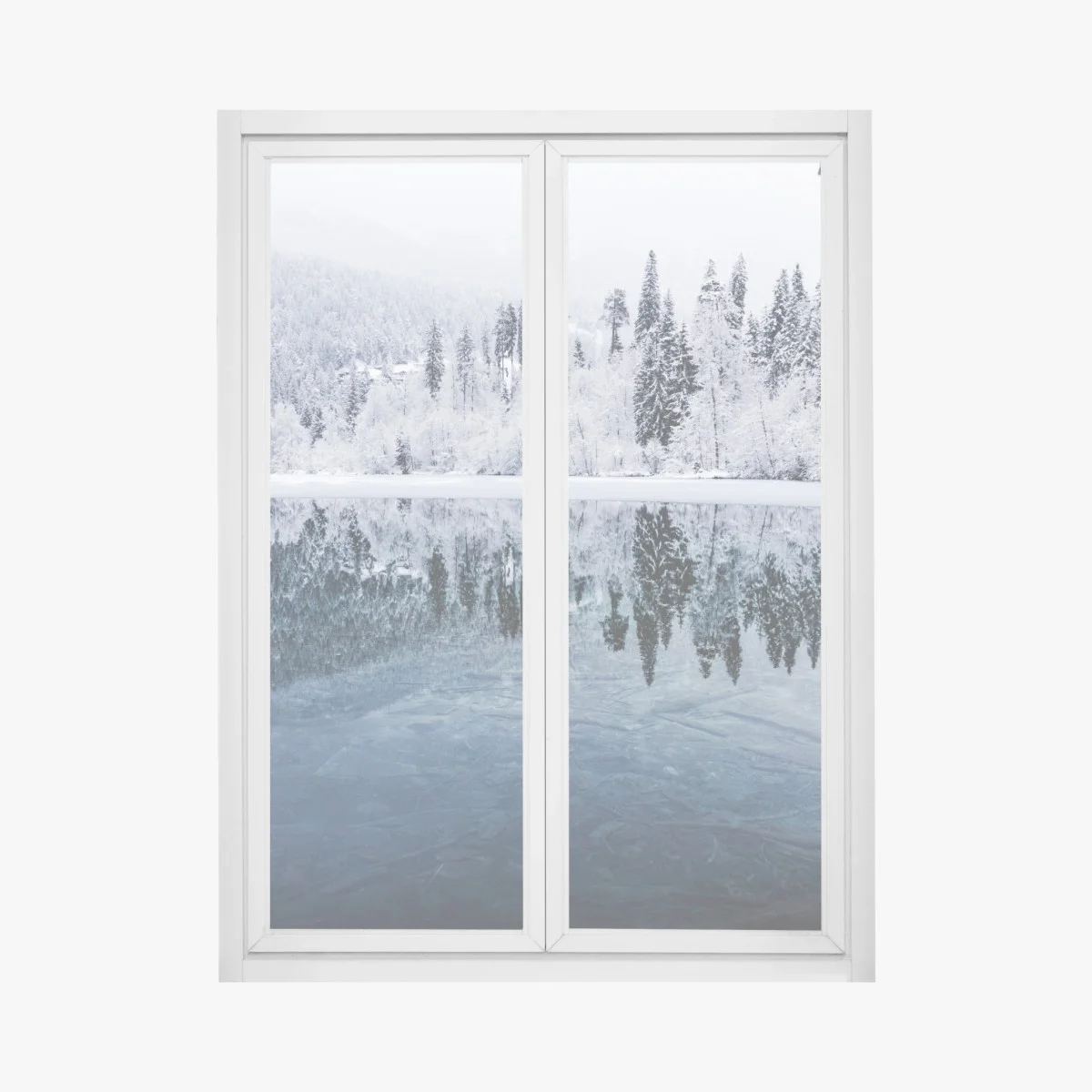 Window decal winter lake reflection in snowy forest • Wallissimo® Window decal winter lake reflection in snowy forest • Wallissimo®