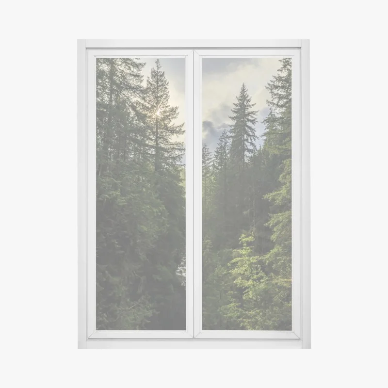 Window decal misty evergreen forest waterfall