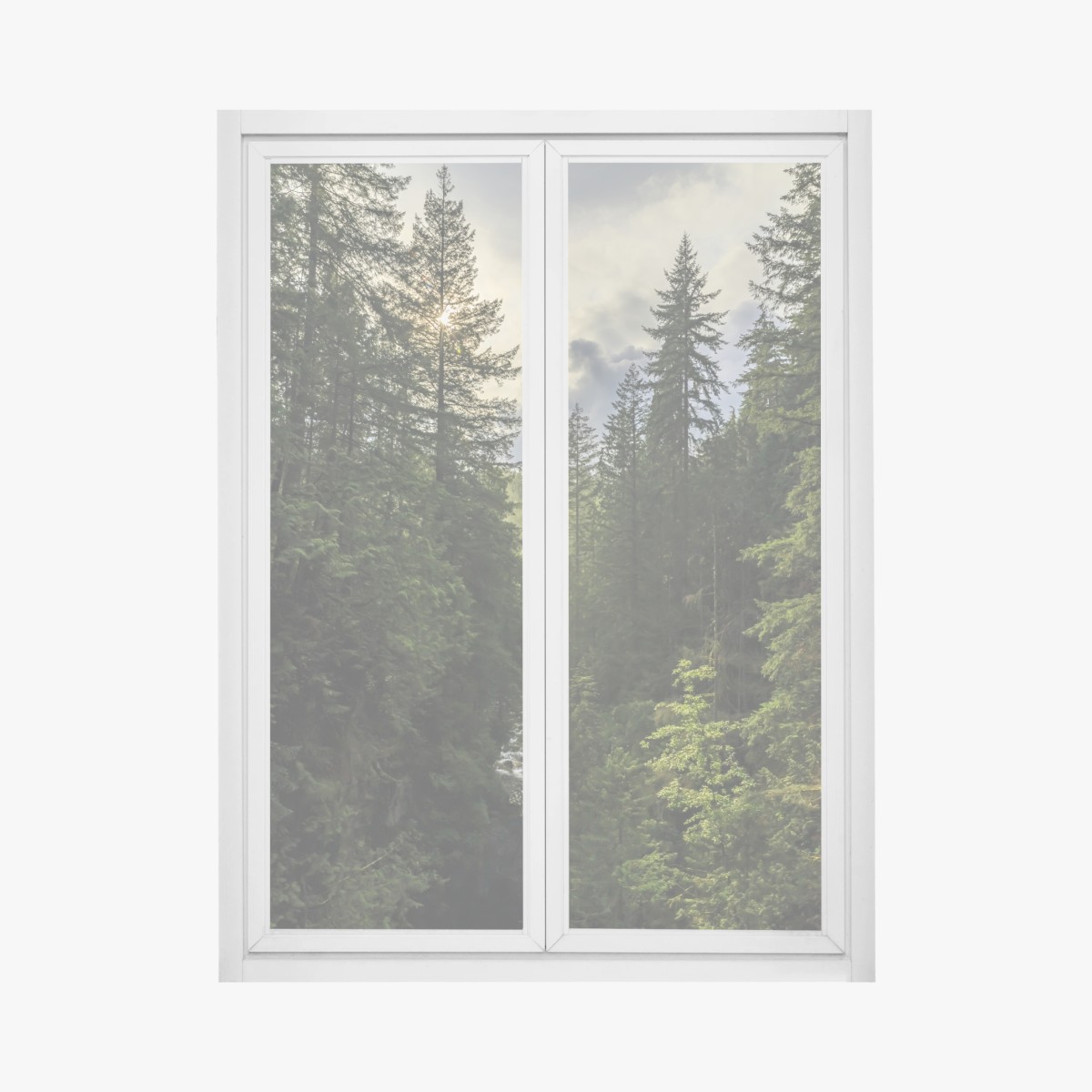 Window decal misty evergreen forest waterfall • Wallissimo® Window decal misty evergreen forest waterfall • Wallissimo®