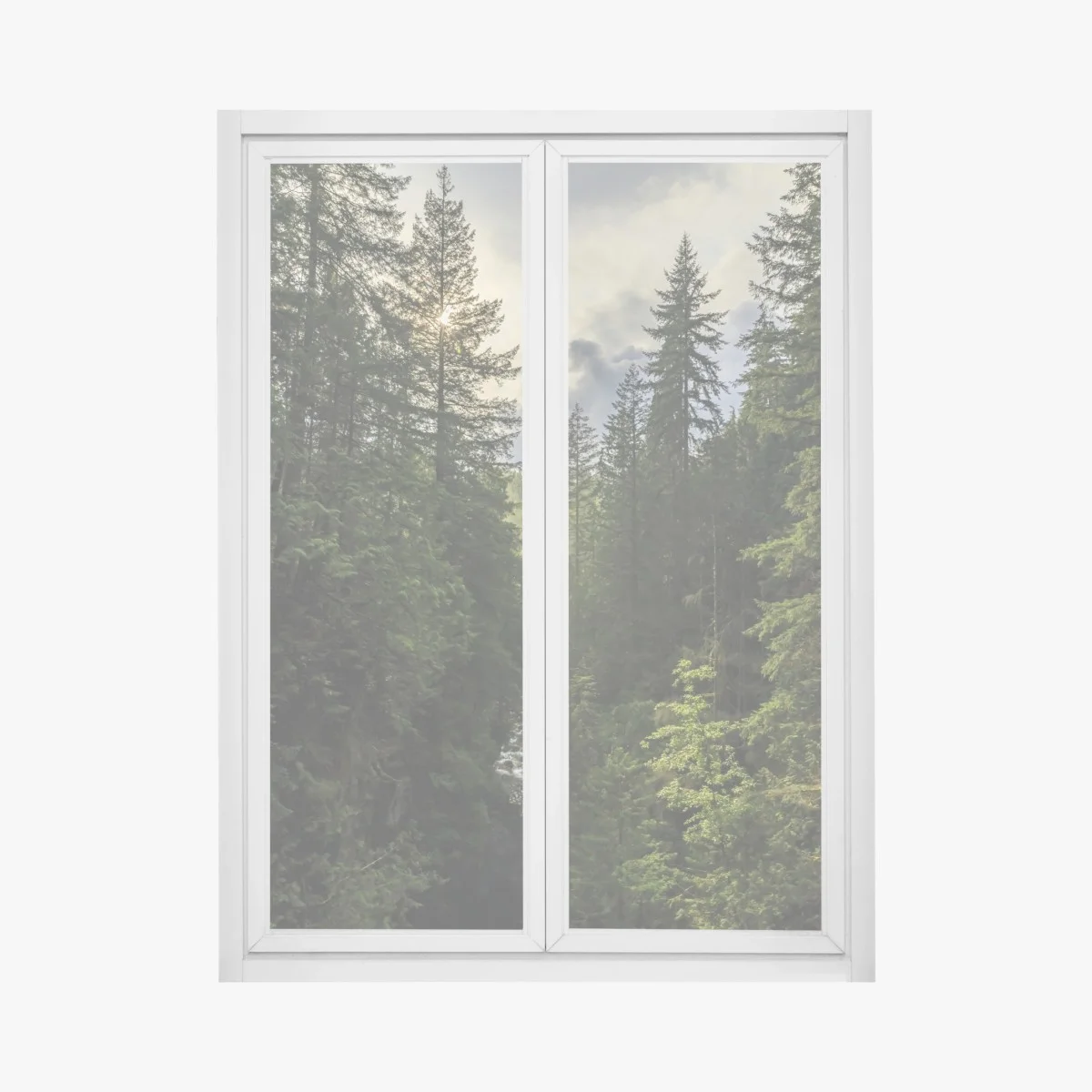 Window decal misty evergreen forest waterfall • Wallissimo® Window decal misty evergreen forest waterfall • Wallissimo®