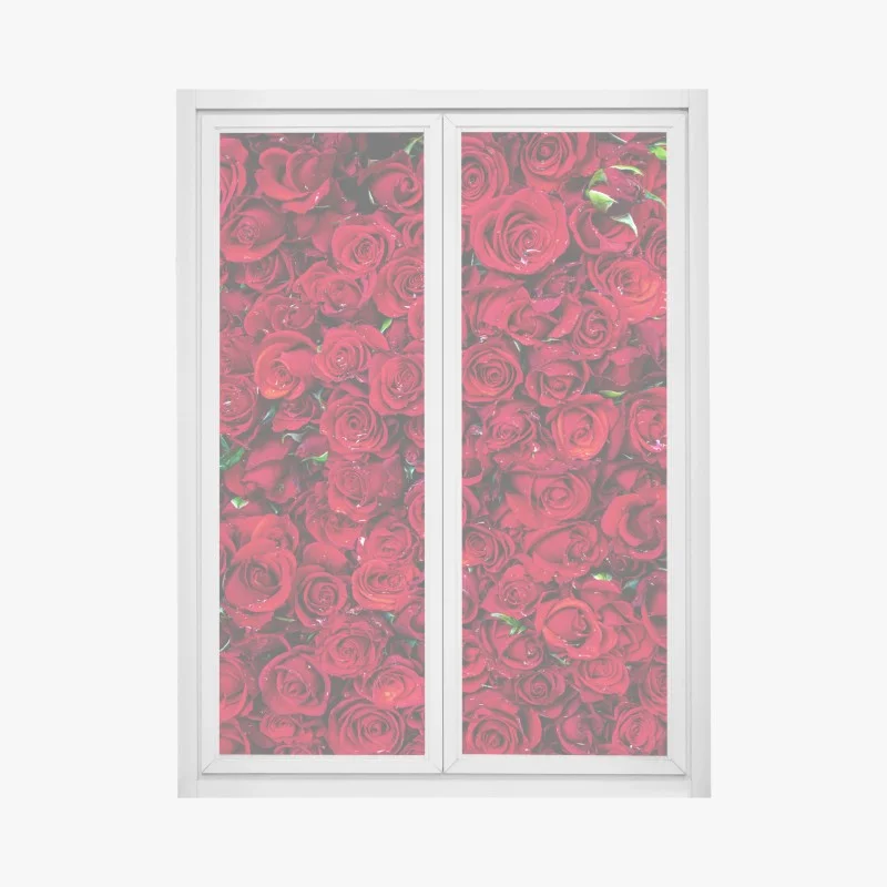 Window decal lush red roses close-up