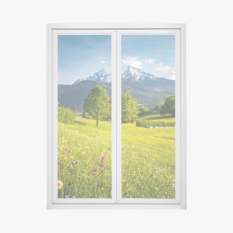Window decal alpine spring meadow beneath snowcapped peaks