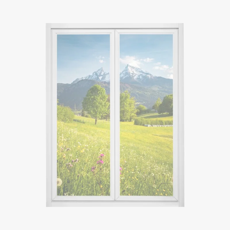 Window decal alpine spring meadow beneath snowcapped peaks