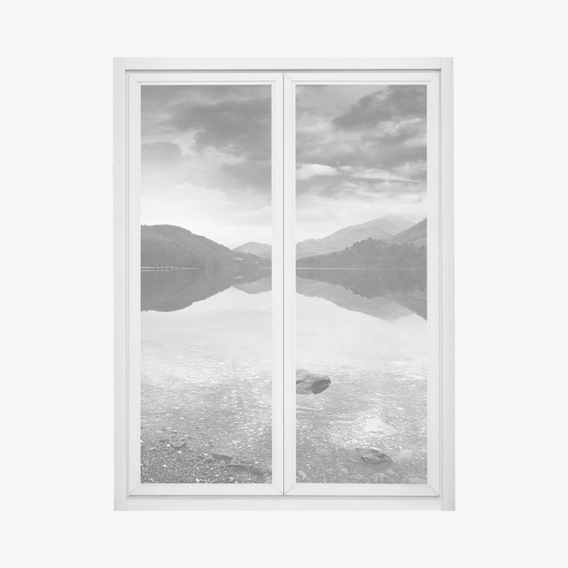 Window decal serene mountain lake reflection
