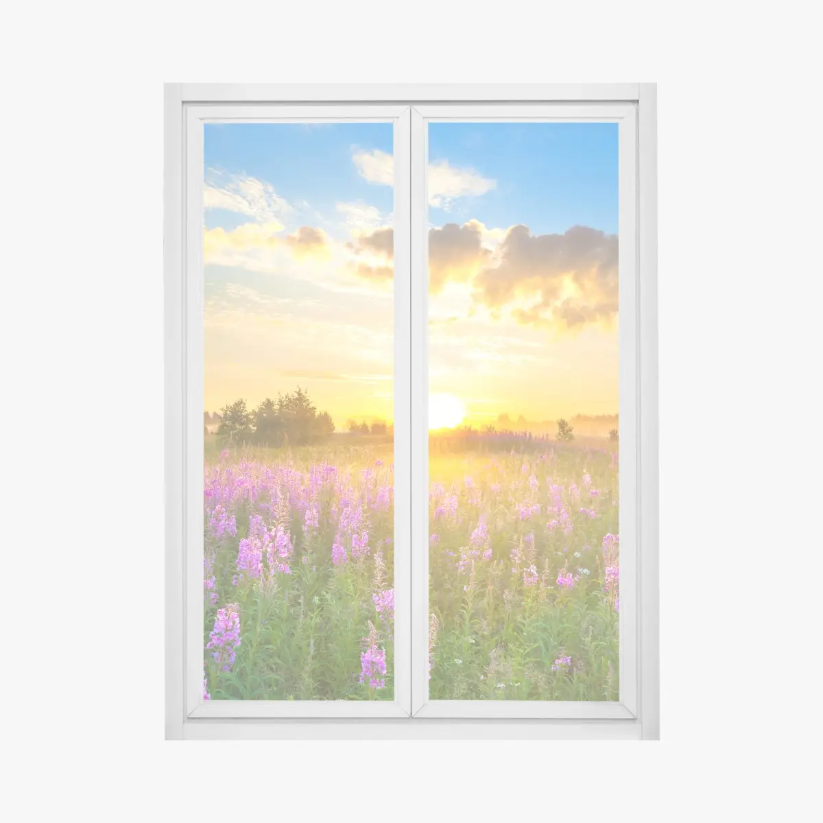 Window decal sunrise in a purple wildflower meadow • Wallissimo® Window decal sunrise in a purple wildflower meadow • Wallissimo®