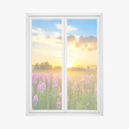 Window decal sunrise in a purple wildflower meadow • Wallissimo®