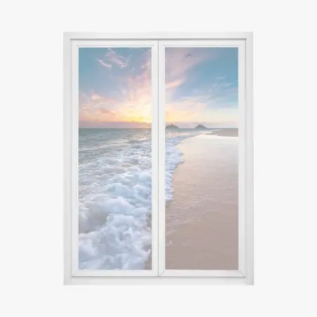 Window decal serene sunrise over ocean shore • Wallissimo®