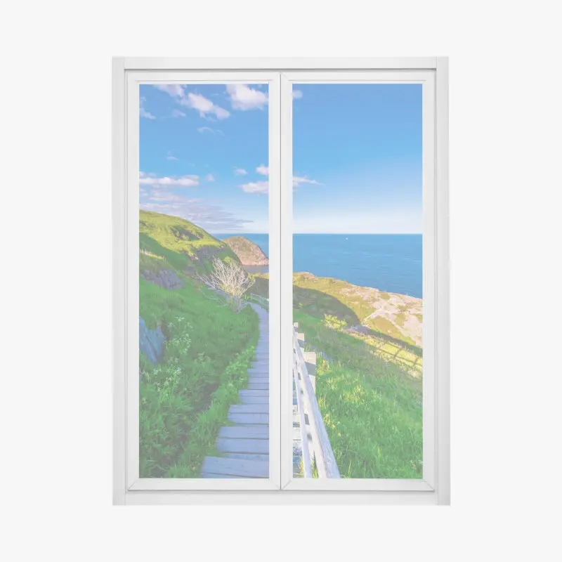 Window decal coastal boardwalk overlooking blue ocean