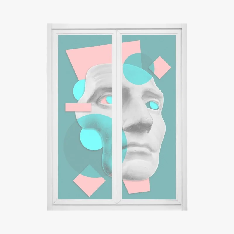 Window decal abstract classical mask in teal and pink