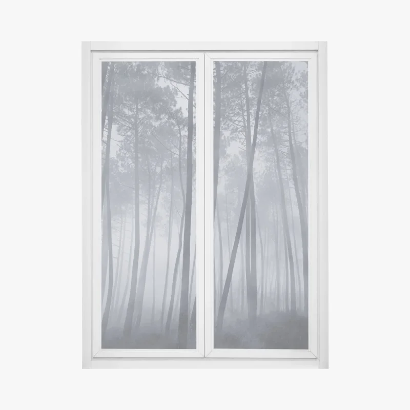 Window decal misty pine forest at night