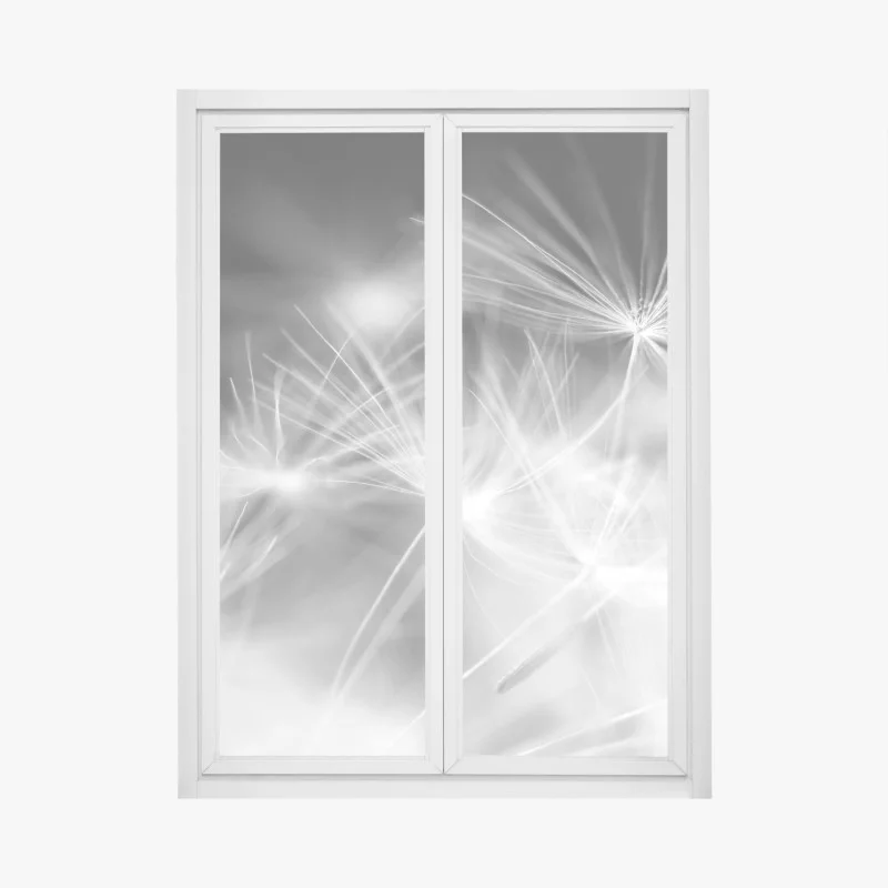 Window decal delicate dandelion seeds in monochrome