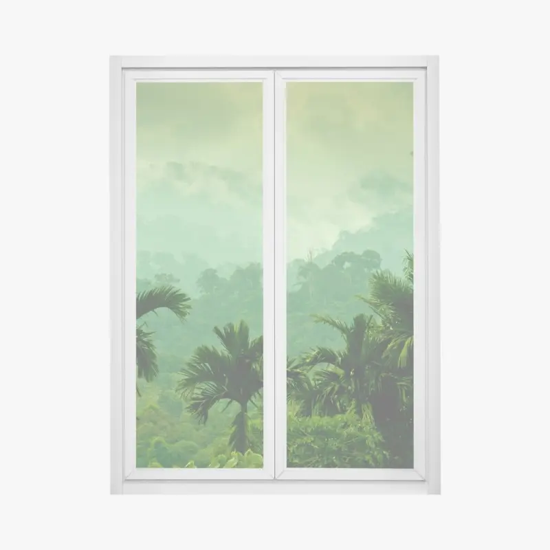 Window decal misty tropical jungle landscape
