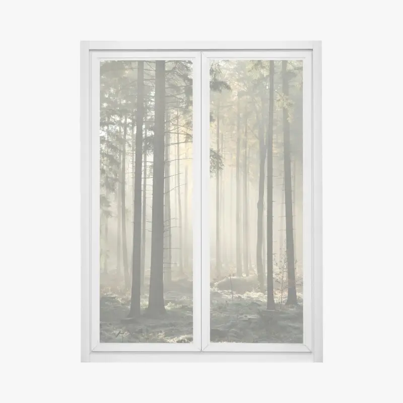 Window decal misty morning forest with sun rays