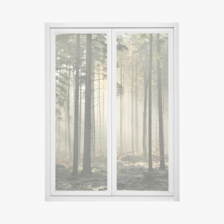 Window decal misty morning forest with sun rays • Wallissimo®