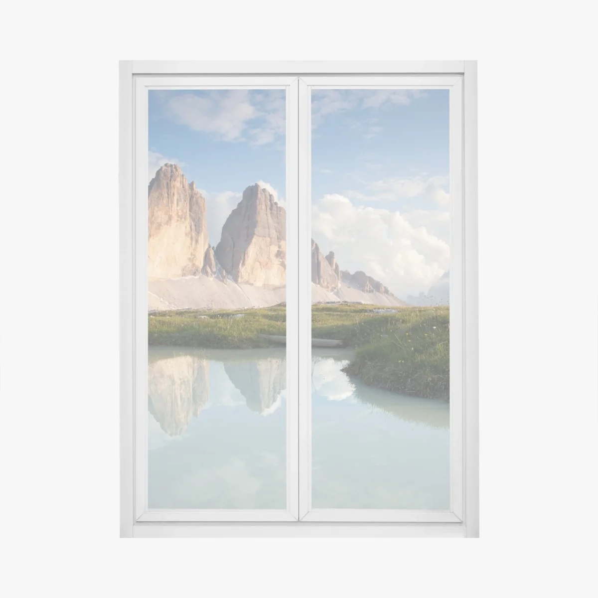 Window decal sunlit alpine peaks reflected in a tranquil lake • Wallissimo® Window decal sunlit alpine peaks reflected in a tranquil lake • Wallissimo®