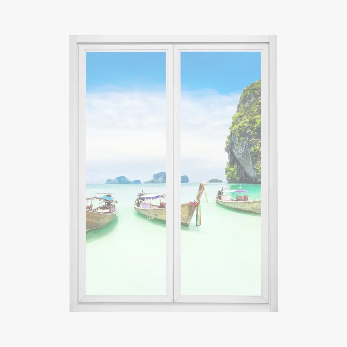 Window decal tropical longtail boats on turquoise beach • Wallissimo® Window decal tropical longtail boats on turquoise beach • Wallissimo®