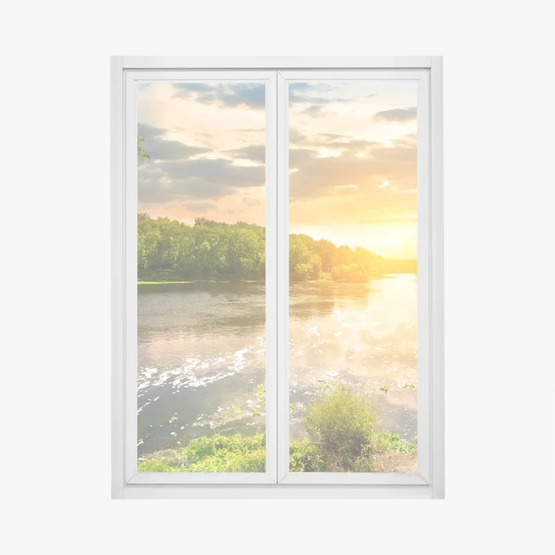 Window decal serene riverside sunset over lush forest
