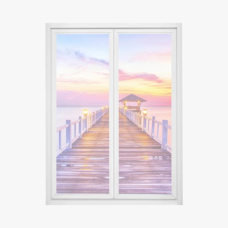 Window decal sunset pier leading to tranquil horizon