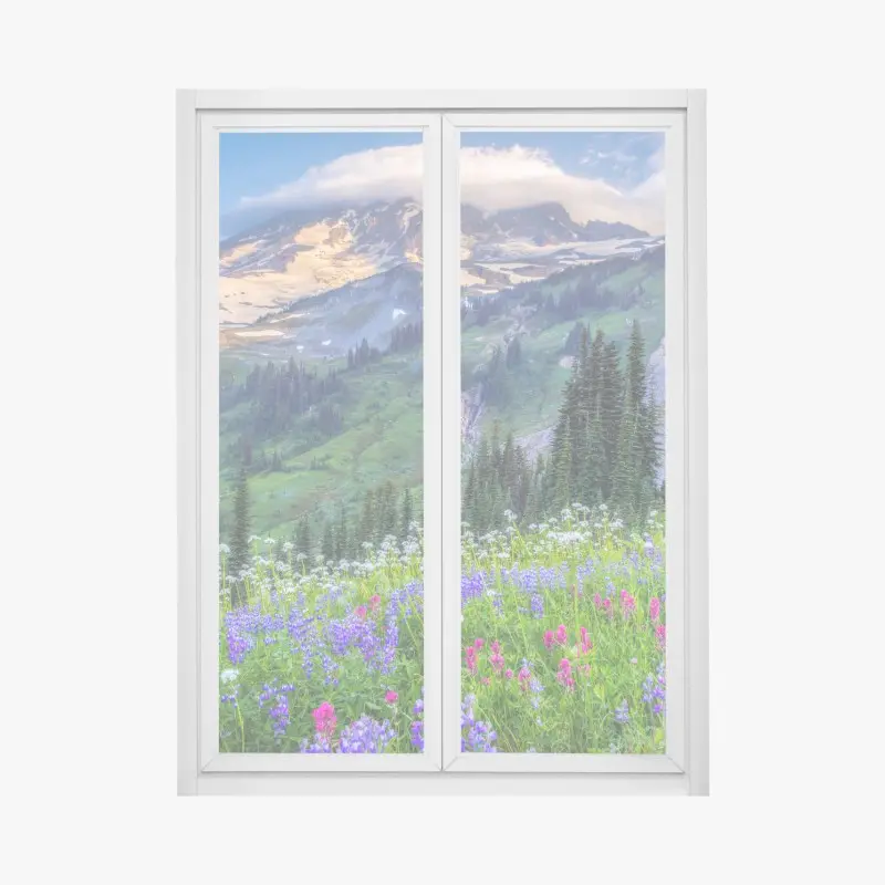 Window decal alpine wildflower meadow beneath snow-capped mountain