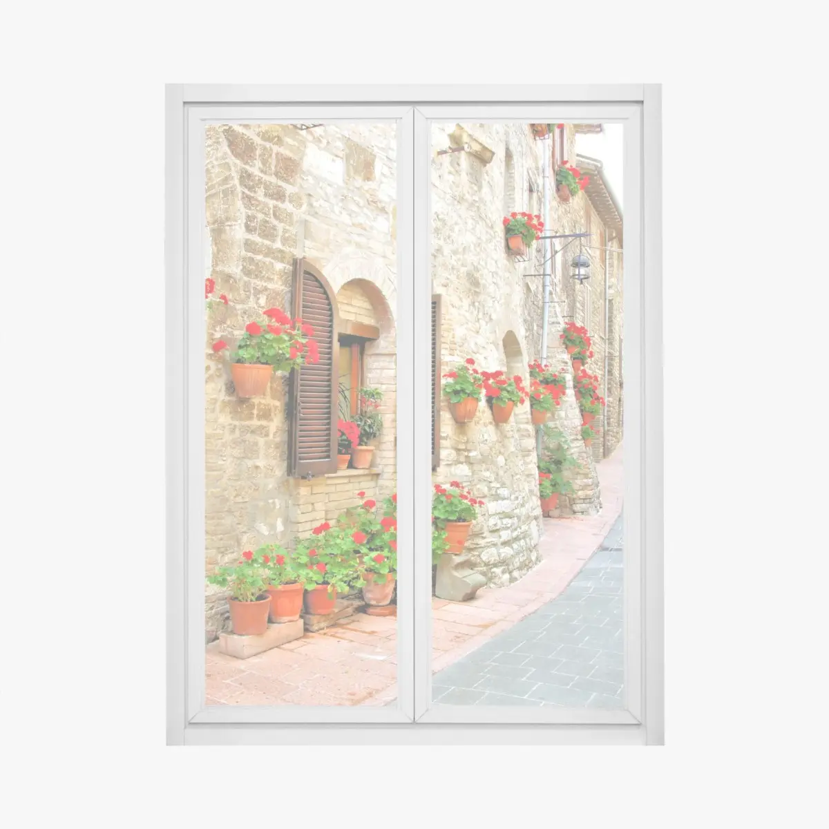 Window decal sunlit stone alley with red geraniums • Wallissimo® Window decal sunlit stone alley with red geraniums • Wallissimo®