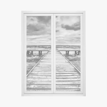 Window decal dramatic monochrome pier leading to stormy sea • Wallissimo®