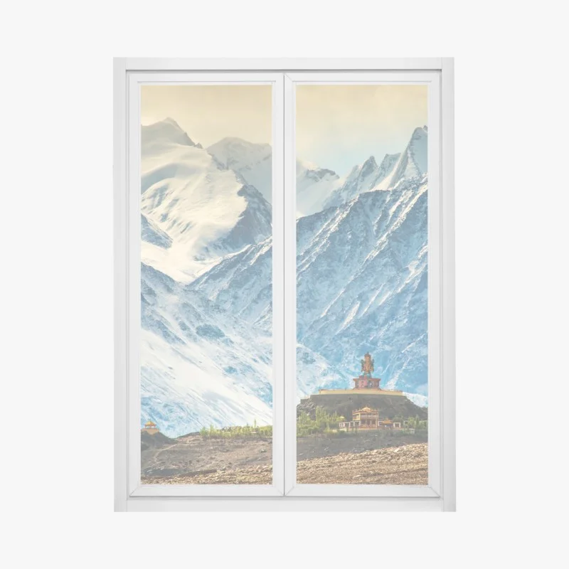 Window decal majestic mountain monastery against snowy peaks