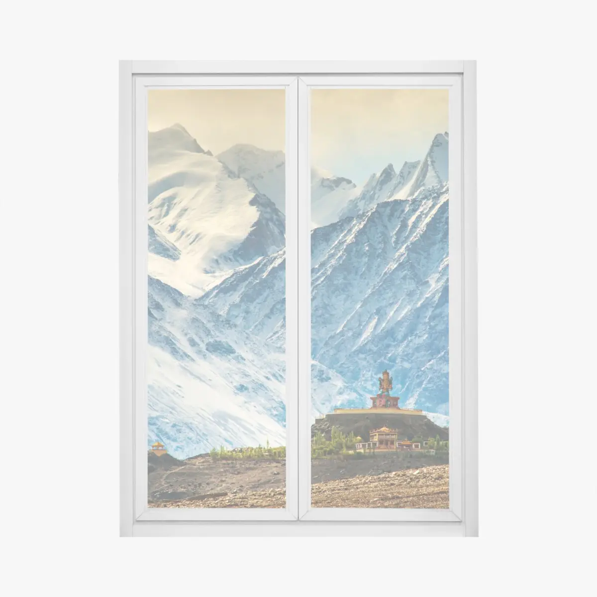 Window decal majestic mountain monastery against snowy peaks • Wallissimo® Window decal majestic mountain monastery against snowy peaks • Wallissimo®