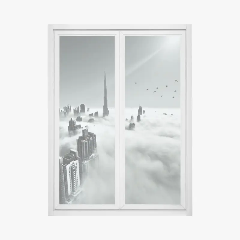 Window decal misty Dubai skyline above the clouds