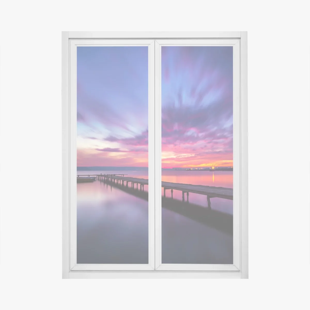 Window decal sunset over tranquil lake with wooden pier • Wallissimo® Window decal sunset over tranquil lake with wooden pier • Wallissimo®