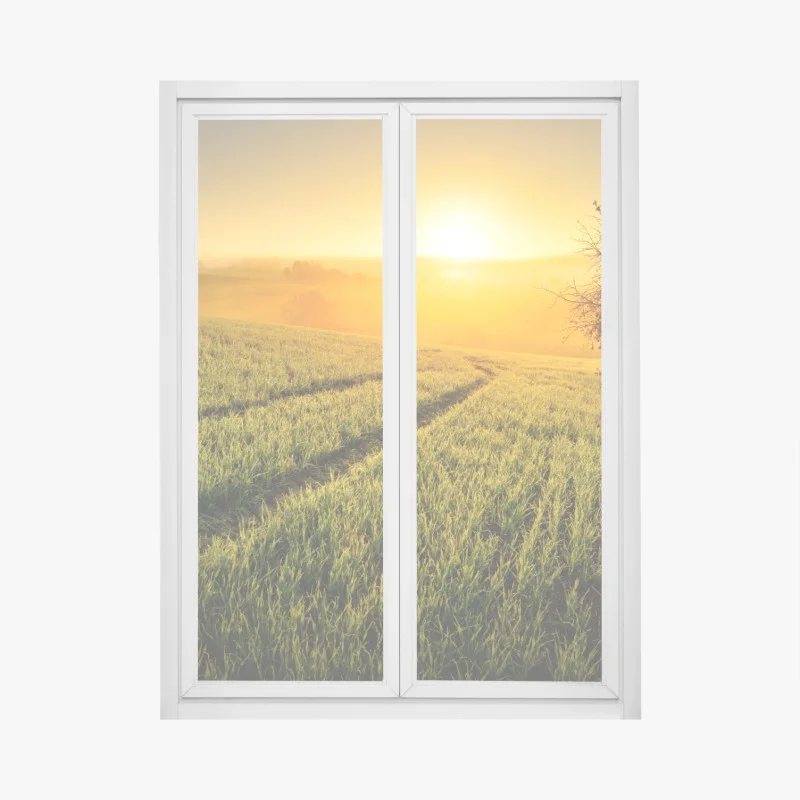 Window decal sunlit meadow at sunrise